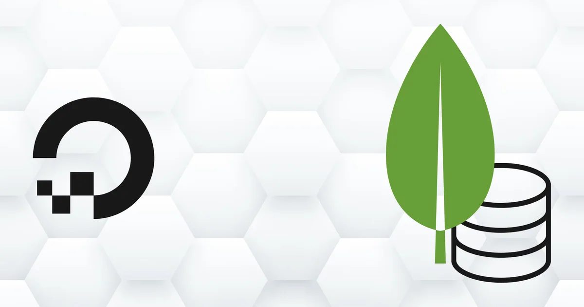Conceptual 3D image of the MongoDB and DigitalOcean logos connected by glowing data streams, representing a secure database backup process.
