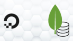 Conceptual 3D image of the MongoDB and DigitalOcean logos connected by glowing data streams, representing a secure database backup process.